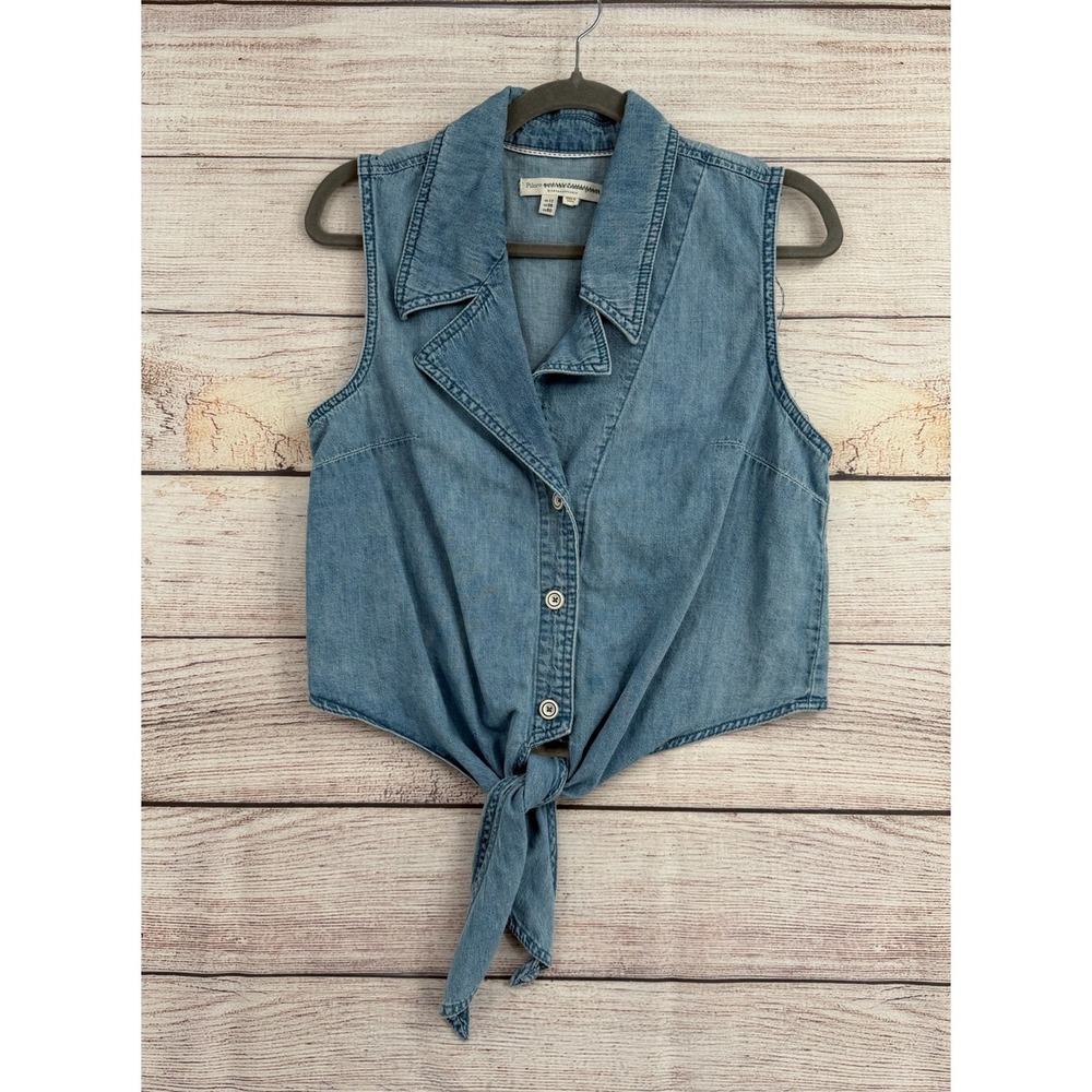 Pilcro Denim Tie Front Top Womens 8 Blue Sleeveless Button Down Anthropologie
